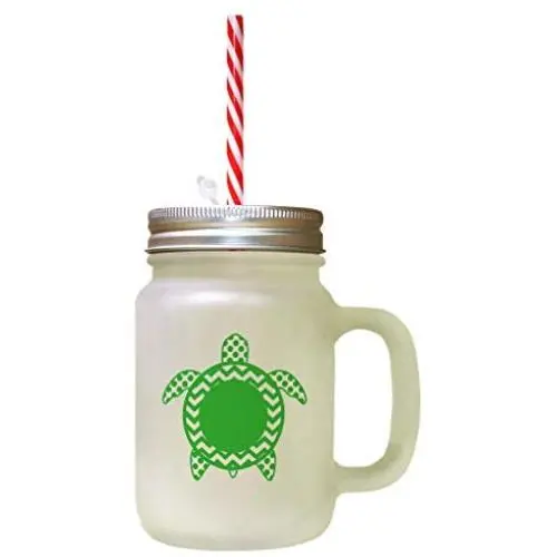 Green Green Blue Tortoise Image Frosted Glass Mason Jar With Straw Green Green Blue Tortoise Image Frosted Glass Mason Jar With Straw
