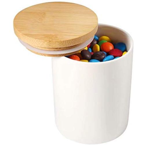 77L Food Storage Canister with Airtight Wooden Lid - Ceramic Food Storage Canister, 10.09 FL OZ (302 ML) White Ceramic Canister, Food Storage Jar for Coffee, Sugar, Tea, Spice and More