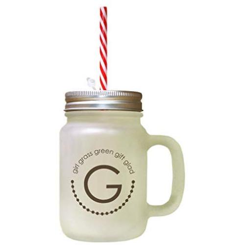 Brown Alphabet G, Girl Grass Green Gift Glad Frosted Glass Mason Jar With Straw