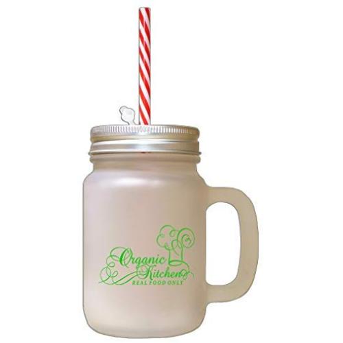 Green Organic Kitchen Real Food Chef Hat Frosted Glass Mason Jar With Straw