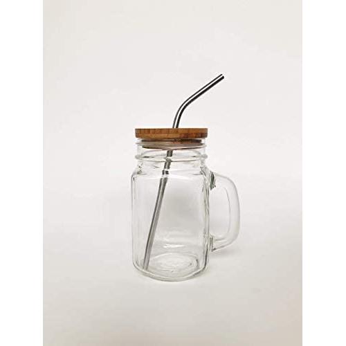 Mason Jar Mug Set with Bamboo Lid + Stainless Steel Straws