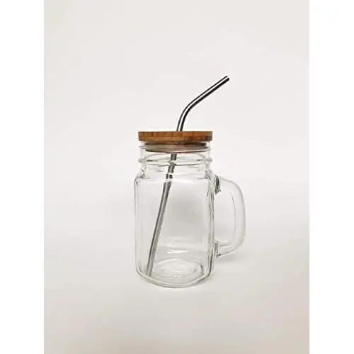 Glasbehälter Becher Set mit Bambuschutzkappe + Edelstahlstrohhalme