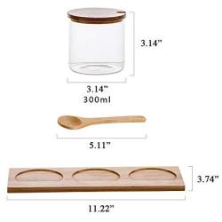 Danmu Glass Condiment Pots Bowls with Bamboo Lids, Spoon & Bamboo Base - Stylish Design Glass Storage Jar for Spices, Salt, Pepper, Coffee, Sugar, Seasoning, Ice Cream Toppings 300ML