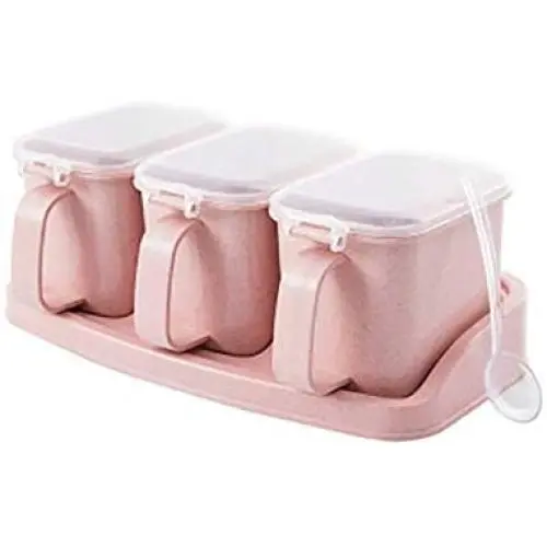 KANEED Wheat Straw Seasoning Box Pepper Spice Shaker Salt Seasoning Transparent PP Kitchen Cruet Condiment Bottle Jars Storage Box, Color:Three grid pink Seasoning Cruet Set KANEED Wheat Straw Seasoning Box Pepper Spice Shaker Salt Seasoning Transparent PP Kitchen Cruet Condiment Bottle Jars Storage Box, Color:Three grid pink Seasoning Cruet Set