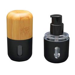 1PC 30ml/1oz Capsule Shaped Empty Refillable Black Shell Plastic Liner Pump Press Bottle Lotion Dispenser Cosmetic Container Jar Pot Vial Holder with Bamboo Cap for Emulsion Serums Liquid Foundation