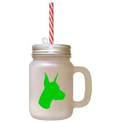 Green Doberman Pinscher Silhouette Frosted Glass Mason Jar With Straw