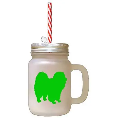 Bouteille en verre Mason décorée d'un silhouette de Chow Chow vert et d'une paille. Bouteille en verre Mason décorée d'un silhouette de Chow Chow vert et d'une paille.
