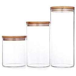 Glass Storage Jars YUMU Clear Glass Cylinder Jars Food Storage Container Canisters with Bamboo Lids Set of 3 LQ1012