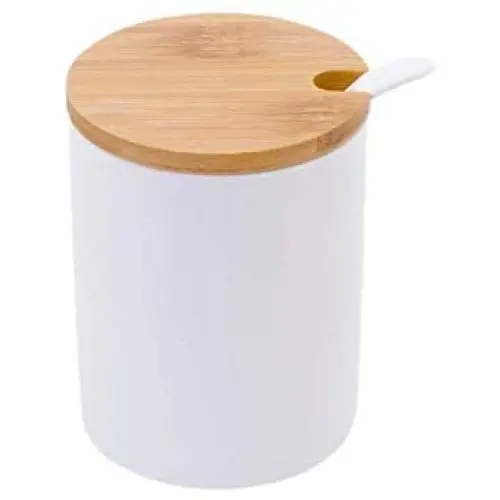Bouteille à Sucre en Céramique avec Couvercle en Bambou et Cuillère, Idée Cadeau Maison, 295 ml (10.8 FL OZ) – Récipient de Conservation pour Épices, Sel, Poivre, Farine, Pot à Condiments