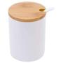 Porcelain Sugar Bowl with Spoon and Bamboo Lid, LUCKYGODDNESS 10.8 FL OZ Ceramic White Spice Jar Salt Pepper Holder Container Box Flour Serving Condiment Pot for Housewarming Gift