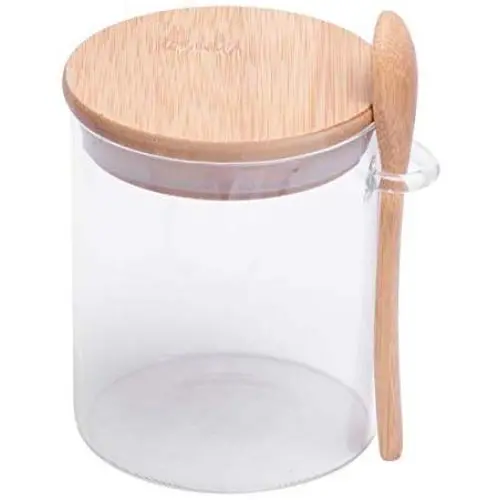 BESTONZON 420ml Condiment Spice Jars Glass Seasoning Container with Spoon Wood Lids Food Storage Canister for Kitchen Tea Coffee Sugar Salt