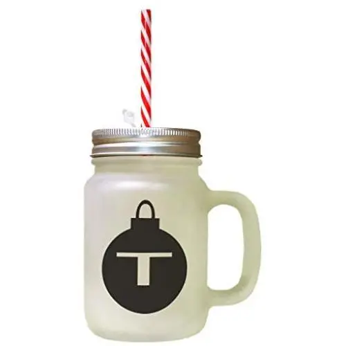 Black"T" Christmas Tree Toy Monogram T Frosted Glass Mason Jar With Straw Black"T" Christmas Tree Toy Monogram T Frosted Glass Mason Jar With Straw