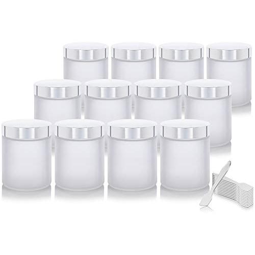 Große, klare, frostige, dicke Glasbehälter mit silberfarbiger Metalldeckelhaube - 240 ml (12er-Pack) + Spatel
