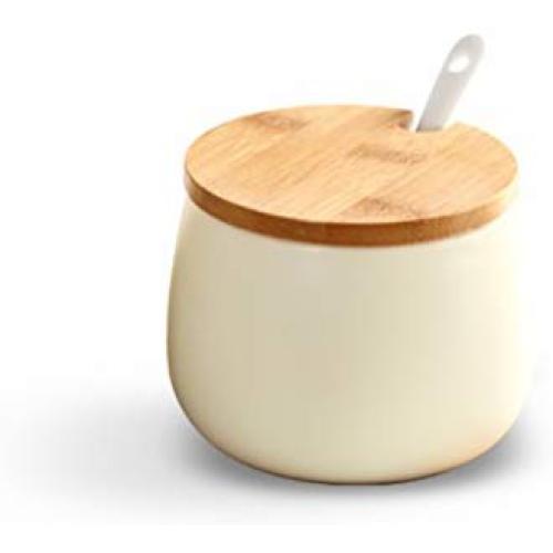 Ceramic Pure Color Sugar Bowl Salt Pepper Pot Spice Storage Jar Condiment Seasoning Box Pot Container with Wooden Lid and Spoon for Home Kitchen, 9.5 Oz, Creamy White