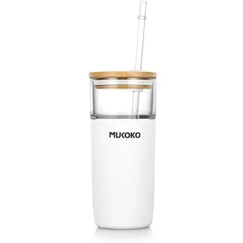 20oz Glasentasse mit Strohsilikon Schutzkappe Bambusdeckel – BPA-frei Weiß