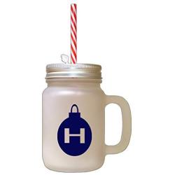 Navy&quotH" Christmas Tree Toy Monogram H Frosted Glass Mason Jar With Straw