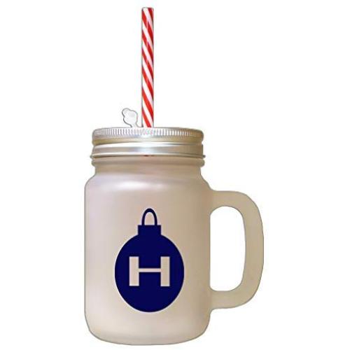 Navy&quotH" Christmas Tree Toy Monogram H Frosted Glass Mason Jar With Straw