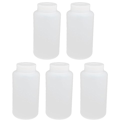 uxcell 5pcs 1000ml PE Plastic Wide Mouth Sealed Liquid Storage Bottle Container White