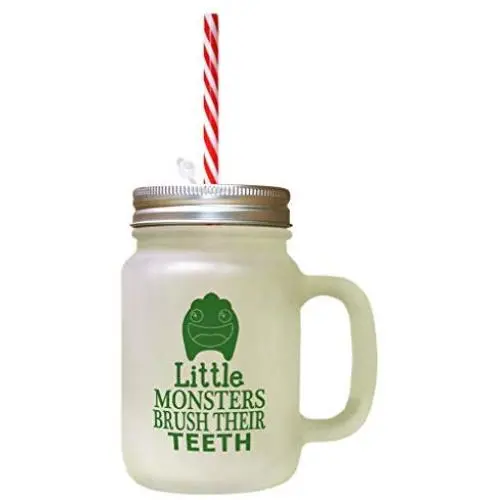 Forest GreenLittle Monsters Brush Their Teeth Frosted Glass Mason Jar With Straw Forest GreenLittle Monsters Brush Their Teeth Frosted Glass Mason Jar With Straw