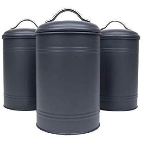 Kitchen Canisters, Set of 3 for Countertop Storage of Coffee, Food, Charcoal Grey Metal, All One-Size, Airtight Lids, Modern Farmhouse Industrial (8 Inches High with Lids, 4.5 Inches Diameter)