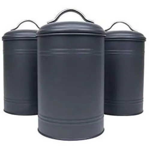 Kitchen Canisters, Set of 3 for Countertop Storage of Coffee, Food, Charcoal Grey Metal, All One-Size, Airtight Lids, Modern Farmhouse Industrial (8 Inches High with Lids, 4.5 Inches Diameter) Kitchen Canisters, Set of 3 for Countertop Storage of Coffee, Food, Charcoal Grey Metal, All One-Size, Airtight Lids, Modern Farmhouse Industrial (8 Inches High with Lids, 4.5 Inches Diameter)