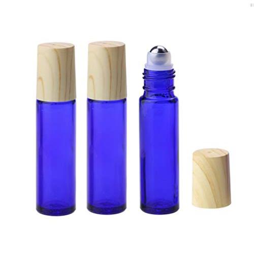 3PCS 10ml/0.34oz Empty Refillable Blue Glass Roll-on Bottles with Stainless Steel Roller Balls Wood Grain Cap Portable Cosmetic Containers Jar Pot Vials Holder for Essential Oil Perfume