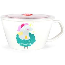 Unique Shape Microwavable Ceramic Noodle Bowl with Handle and Seal Fine Porcelain (PurpleUnicorn)