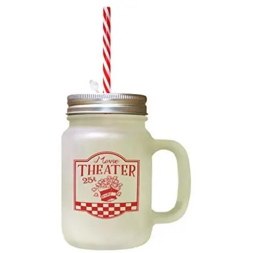 Red Movie Theater 25C Pop Frosted Glass Mason Jar With Straw Red Movie Theater 25C Pop Frosted Glass Mason Jar With Straw