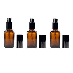 3PCS (50ml/1.7oz) Amber Empty Refillable Square Glass Bottle with Black Pump Press and Lid Lotion Dispenser Vial Portable Travel Cosmetic Packing Storage Containers Jar Pot for Emulsion Essence Serum