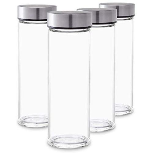 Juice Bottles - 4 Pack Wide Mouth Glass Bottles with Lids - for Juicing, Smoothies, Infused Water, Beverage Storage - 16oz, BPA Free, Stainless Steel Lids, Leakproof, Reusable, Borosilicate
