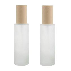 2PCS Frosted Glass Pump Lotion Bottle Jars Dispenser Empty Cream Packing Vials With Wood Grain Cap Cosmetic Makeup Container Organizer for Essential Oil Emulsion Essence Serums Toiletries Toner Liquid