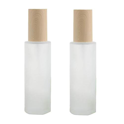 2PCS Frosted Glass Pump Lotion Bottle Jars Dispenser Empty Cream Packing Vials With Wood Grain Cap Cosmetic Makeup Container Organizer for Essential Oil Emulsion Essence Serums Toiletries Toner Liquid