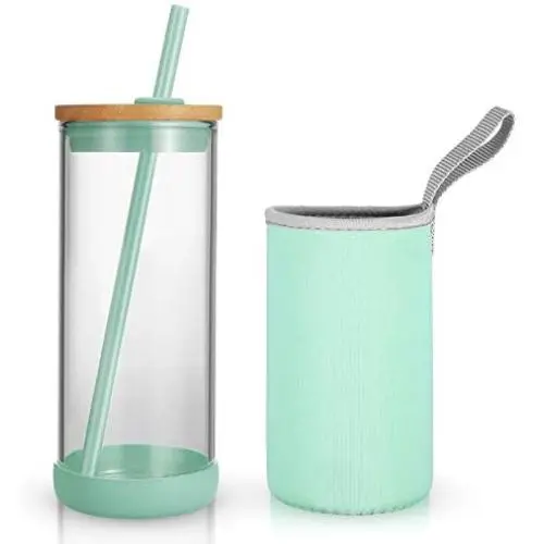 Glas Trinkbecher 20oz mit Silikon-Podest-Griff, Bambusdeckel und abnehmbarer weicher Isolierschicht - BPA-frei