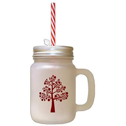 Maroon Love Tree Frosted Glass Mason Jar With Straw