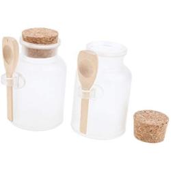 dailymall Pair of Empty Plastic Jars Bottles with Corks & Wooden Spoon - Great for Bath Salt Bottles, Milk Bottles, Kitchen Salt Sugar Spice Jars - 100g/3.5oz