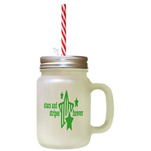 Green Stars And Strips Forever Frosted Glass Mason Jar With Straw