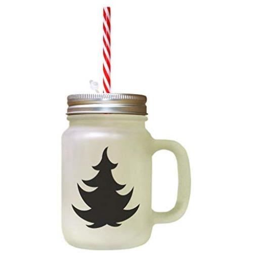 Black Christmas Tree #4 Frosted Glass Mason Jar With Straw