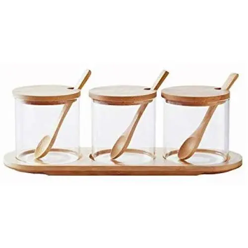 Ensemble de 3 pièces pour accessoires de cuisine : bouteille de condiment en verre, réservoir de stockage de sel, pot à épices avec cuillère en bois – ZP723144, Transparent Ensemble de 3 pièces pour accessoires de cuisine : bouteille de condiment en verre, réservoir de stockage de sel, pot à épices avec cuillère en bois – ZP723144, Transparent