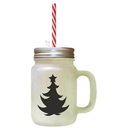 Black Christmas Tree #2 Frosted Glass Mason Jar With Straw