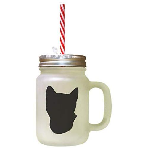 Black Tonkinese Cat Head Silhouette #2 Frosted Glass Mason Jar With Straw