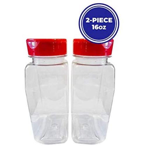 NVM Trading - Two 16 oz Clear Plastic Spice Containers Bottle Jars - Flap Cap to Pour or Sifter Shaker. Used to Store Spices, Herbs or for Arts & Crafts. Refillable. BPA-free. Red caps. (2)