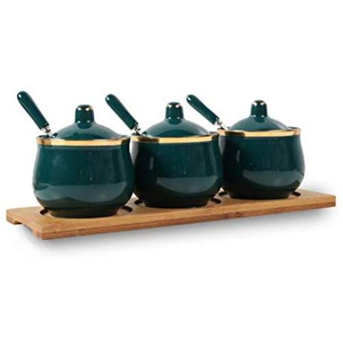 Mini Spice Jars Ceramic emerald seasoning jar three-piece European condiment bottle combination set