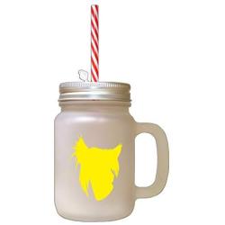 Yellow Chinese Crested Dog Silhouette Frosted Glass Mason Jar With Straw