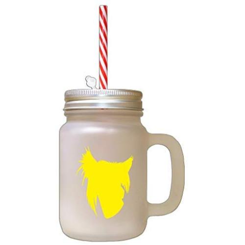 Yellow Chinese Crested Dog Silhouette Frosted Glass Mason Jar With Straw