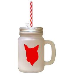 Red Norwegian Lundehund Silhouette Frosted Glass Mason Jar With Straw