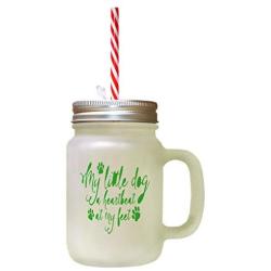 Green My Little Dog A Heartbeat At My Feet Frosted Glass Mason Jar With Straw