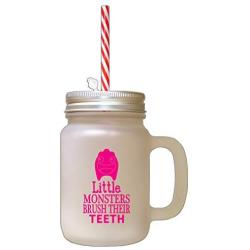 Hot Pink Little Monsters Brush Their Teeth Frosted Glass Mason Jar With Straw