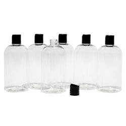 Baire Bottles - 16 Ounce Clear Plastic Bottles with Black Hand-Press Flip Disc Caps - Organize Soap, Shampoo, Lotion with a Clean, Clear Look - PET, No BPA - 6 Pack, with 6 Floral Labels