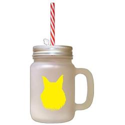 Yellow Maine Coon Cat Head Silhouette Frosted Glass Mason Jar With Straw