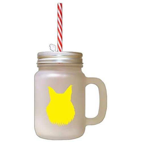 Yellow Maine Coon Cat Head Silhouette Frosted Glass Mason Jar With Straw